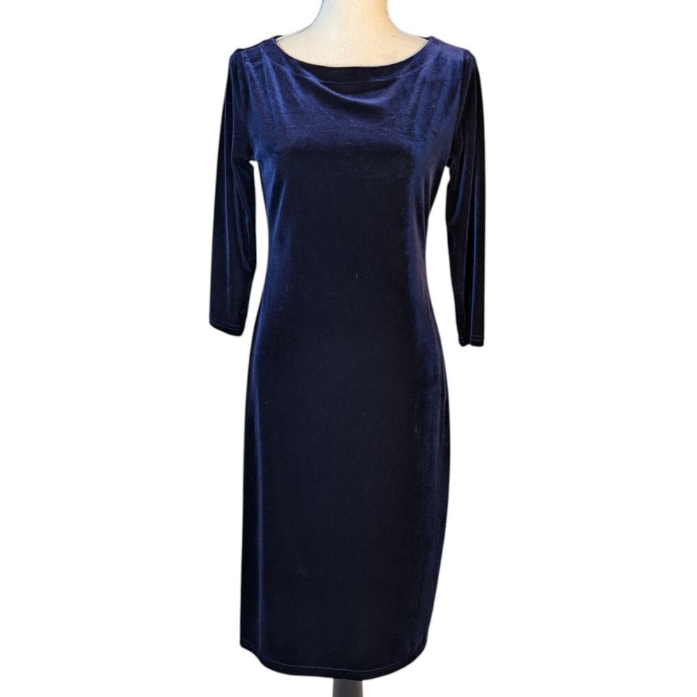 Vintage 90s Kathie Lee Purple Velvet Midi Dress Minimalist Bodycon Cocktail S - Picture 2 of 16